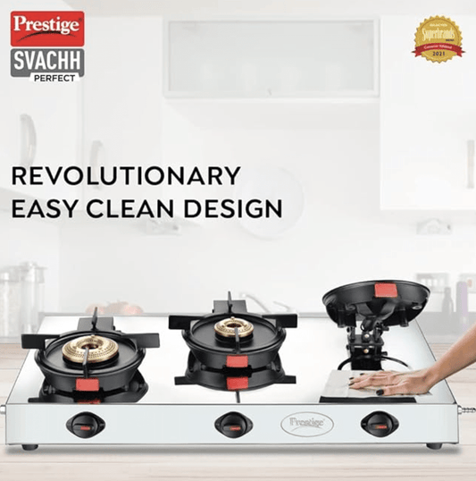 Prestige Svachh Perfect L.P Gas Stove with Liftable 3 Brass Burners(Stainless Steel body, Silver & Black, Auto Ignition)