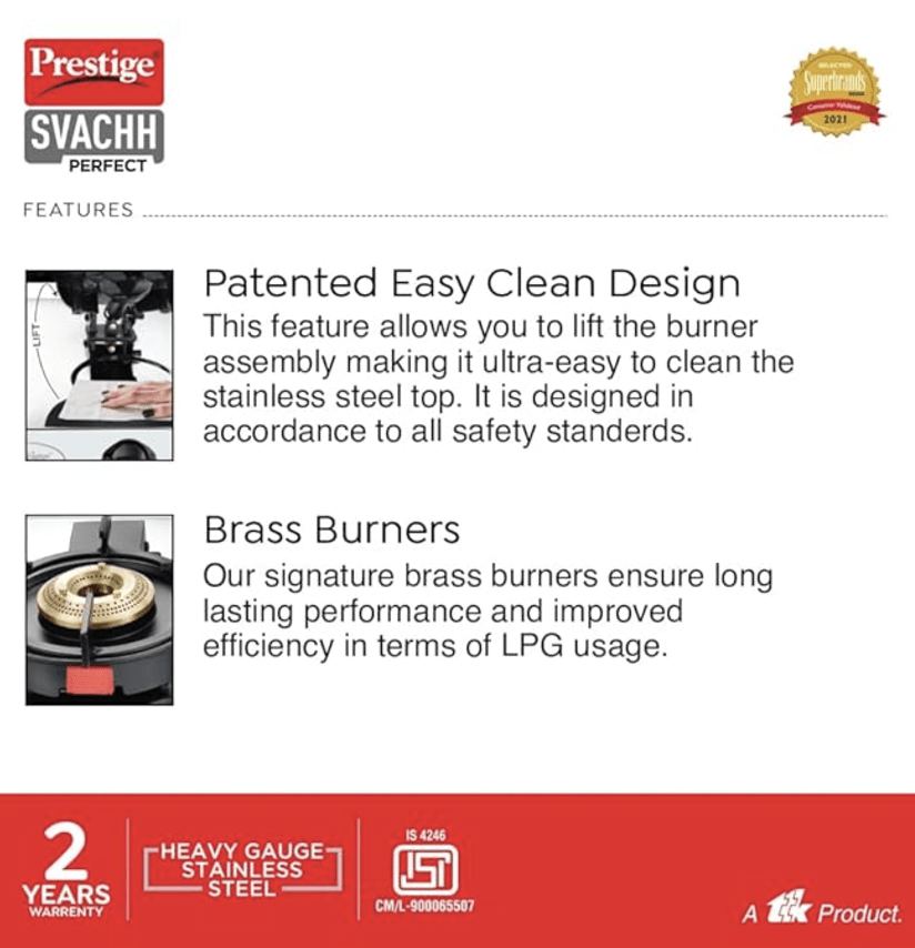 Prestige Svachh Perfect L.P Gas Stove with Liftable 3 Brass Burners(Stainless Steel body, Silver & Black, Auto Ignition)