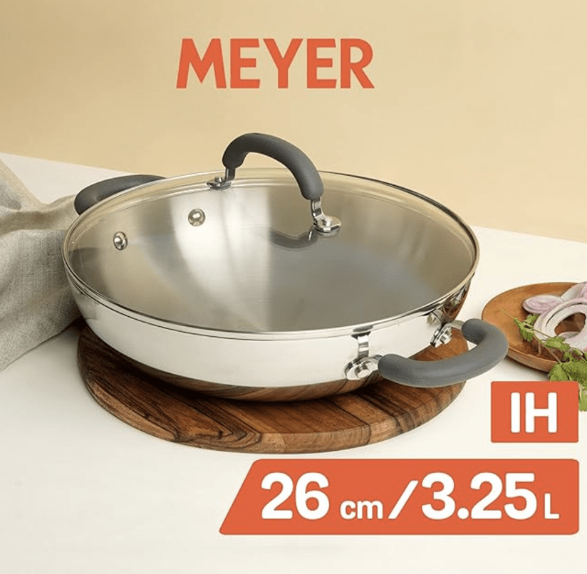 Meyer Trivantage Nickel Free Stainless Steel Triply Kadai | Steel Kadhai with Lid | Stainless Steel Kadhai | Kadhai for deep Fry, 26cm, Silver