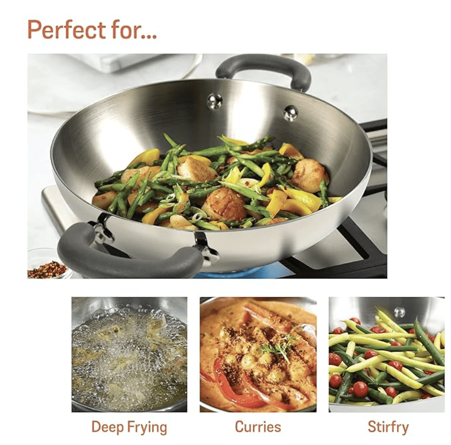 Meyer Trivantage Nickel Free Stainless Steel Triply Kadai | Steel Kadhai with Lid | Stainless Steel Kadhai | Kadhai for deep Fry, 26cm, Silver