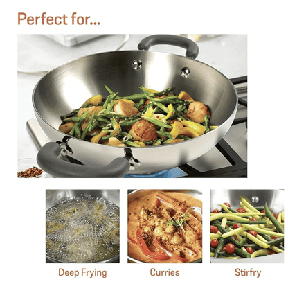 Meyer Trivantage Nickel Free Stainless Steel Triply Kadai | Steel Kadhai with Lid | Stainless Steel Kadhai | Kadhai for deep Fry, 26cm, Silver