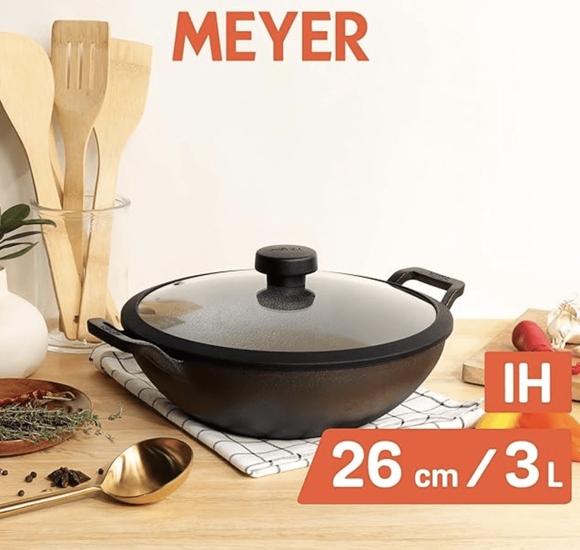 Meyer Pre Seasoned Cast Iron Kadai|Iron Kadhai with Lid for Cooking and Stir Frying | Heavy Base Iron Kadai Big Size | Gas Stove and Induction Friendly 26cm/ 3 Liters, Black
