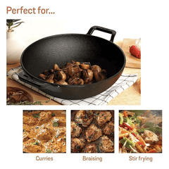 Meyer Pre Seasoned Cast Iron Kadai|Iron Kadhai with Lid for Cooking and Stir Frying | Heavy Base Iron Kadai Big Size | Gas Stove and Induction Friendly 26cm/ 3 Liters, Black-3