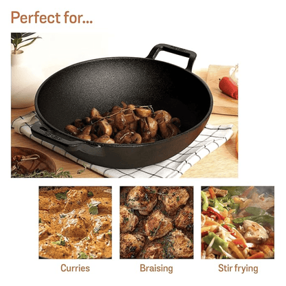 Meyer Pre Seasoned Cast Iron Kadai|Iron Kadhai with Lid for Cooking and Stir Frying | Heavy Base Iron Kadai Big Size | Gas Stove and Induction Friendly 30cm/ 4.5 Liters, Black