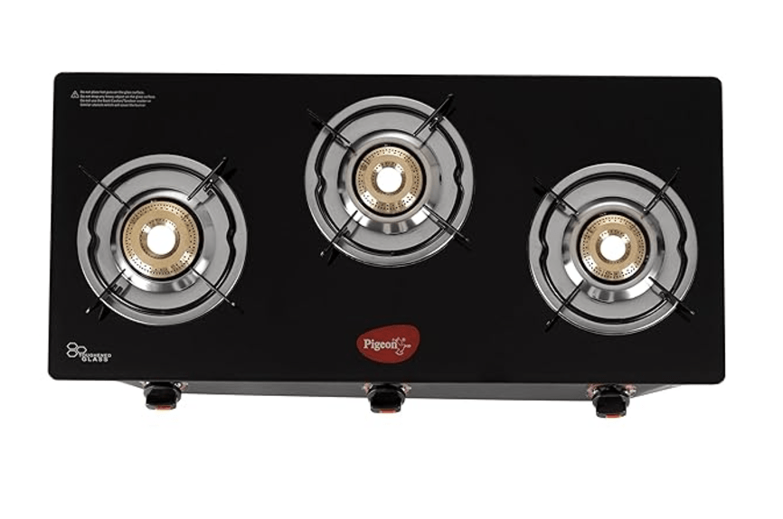 Pigeon by Stovekraft Aster 3 Burner Gas Stove with High Powered Brass Burner Gas Cooktop, Cooktop with Glass Top and Powder Coated Body, Black, Manual Ignition, Standard (14267)