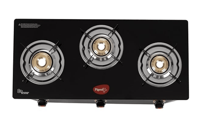 Pigeon by Stovekraft Aster 3 Burner Gas Stove with High Powered Brass Burner Gas Cooktop, Cooktop with Glass Top and Powder Coated Body, Black, Manual Ignition, Standard (14267)
