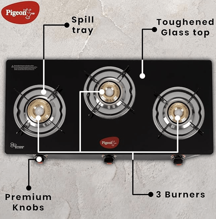Pigeon by Stovekraft Aster 3 Burner Gas Stove with High Powered Brass Burner Gas Cooktop, Cooktop with Glass Top and Powder Coated Body, Black, Manual Ignition, Standard (14267)