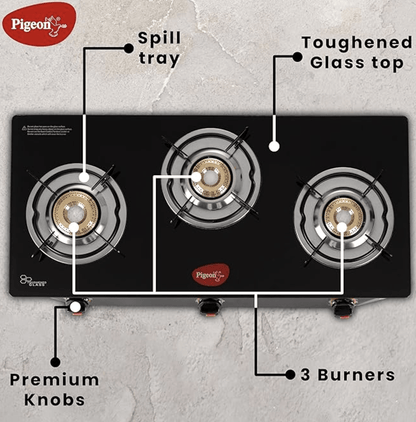Pigeon by Stovekraft Aster 3 Burner Gas Stove with High Powered Brass Burner Gas Cooktop, Cooktop with Glass Top and Powder Coated Body, Black, Manual Ignition, Standard (14267)