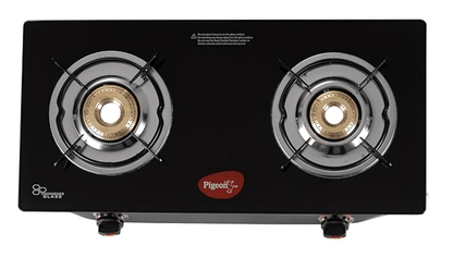Pigeon Aster Gas Stove 2 Burner with High Powered Brass Burner, Gas Cooktop with Glass Top and Powder Coated Body, black, standard (14266)