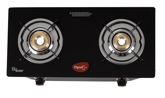 Pigeon Aster Gas Stove 2 Burner with High Powered Brass Burner, Gas Cooktop with Glass Top and Powder Coated Body, black, standard (14266)