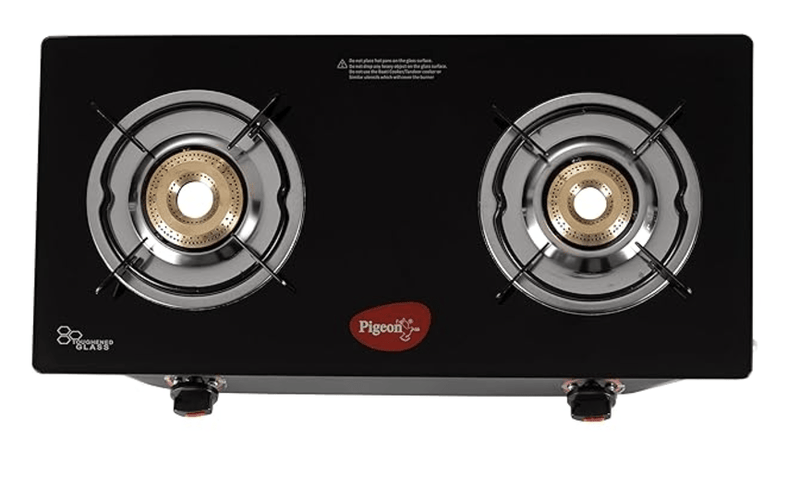 Pigeon Aster Gas Stove 2 Burner with High Powered Brass Burner, Gas Cooktop with Glass Top and Powder Coated Body, black, standard (14266)-1
