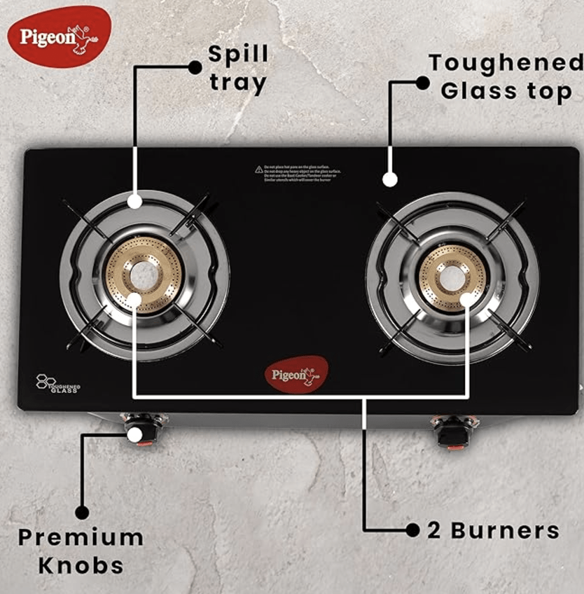 Pigeon Aster Gas Stove 2 Burner with High Powered Brass Burner, Gas Cooktop with Glass Top and Powder Coated Body, black, standard (14266)