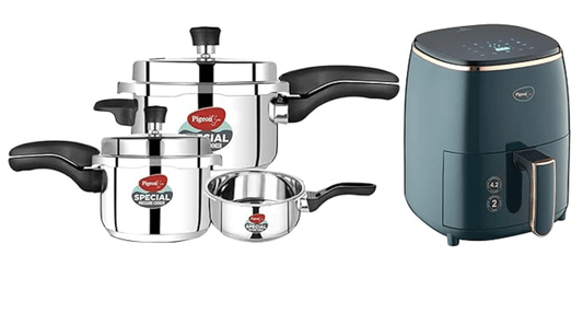 புறா ஹெல்திஃப்ரி டிஜிட்டல் ஏர் பிரையர், 4.2 லிட்டர் கூடை &amp; புறா பை ஸ்டோவ்கிராஃப்ட் ஸ்பெஷல் பிரஷர் குக்கர் வெளிப்புற மூடி தூண்டல் மற்றும் கேஸ் ஸ்டவ் இணக்கமானது 2, 3, 5 லிட்டர் கொள்ளளவு கொண்டது.