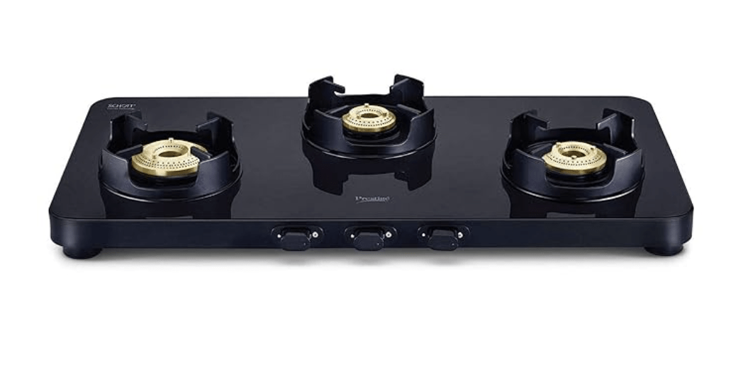 Prestige Edge Schott Glass-Top 3 Brass Burner Gas Stove | Black Ultra-Slim Body | Jumbo Burner | Pan Support With Flame Protection Guard