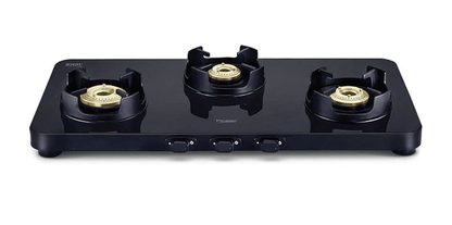 Prestige Edge Schott Glass-Top 3 Brass Burner Gas Stove | Black Ultra-Slim Body | Jumbo Burner | Pan Support With Flame Protection Guard
