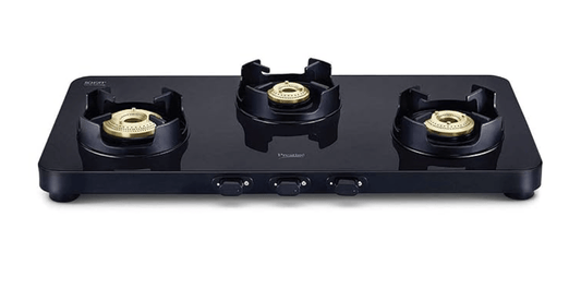 Prestige Edge Schott Glass-Top 3 Brass Burner Gas Stove | Black Ultra-Slim Body | Jumbo Burner | Pan Support With Flame Protection Guard