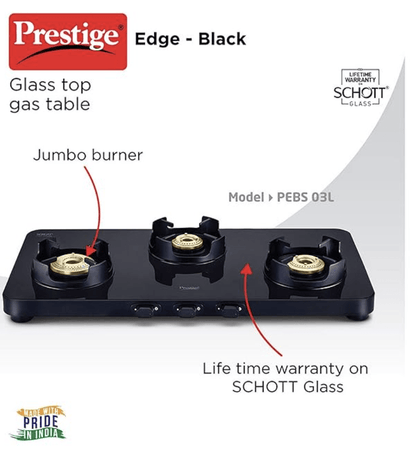 Prestige Edge Schott Glass-Top 3 Brass Burner Gas Stove | Black Ultra-Slim Body | Jumbo Burner | Pan Support With Flame Protection Guard