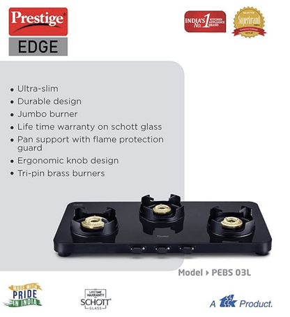Prestige Edge Schott Glass-Top 3 Brass Burner Gas Stove | Black Ultra-Slim Body | Jumbo Burner | Pan Support With Flame Protection Guard