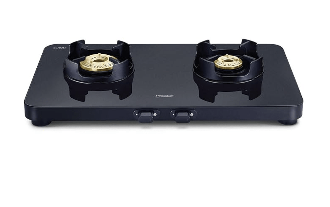 Prestige Edge Schott Glass-Top 2 Brass Burner Gas Stove | Black Ultra-Slim Body | Jumbo Burner | Pan Support With Flame Protection Guard