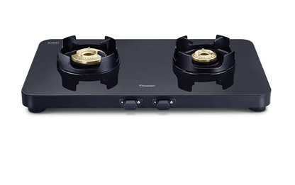 Prestige Edge Schott Glass-Top 2 Brass Burner Gas Stove | Black Ultra-Slim Body | Jumbo Burner | Pan Support With Flame Protection Guard