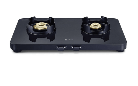 Prestige Edge Schott Glass-Top 2 Brass Burner Gas Stove | Black Ultra-Slim Body | Jumbo Burner | Pan Support With Flame Protection Guard