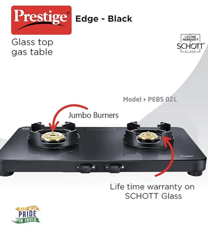 Prestige Edge Schott Glass-Top 2 Brass Burner Gas Stove | Black Ultra-Slim Body | Jumbo Burner | Pan Support With Flame Protection Guard
