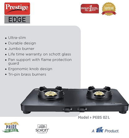 Prestige Edge Schott Glass-Top 2 Brass Burner Gas Stove | Black Ultra-Slim Body | Jumbo Burner | Pan Support With Flame Protection Guard