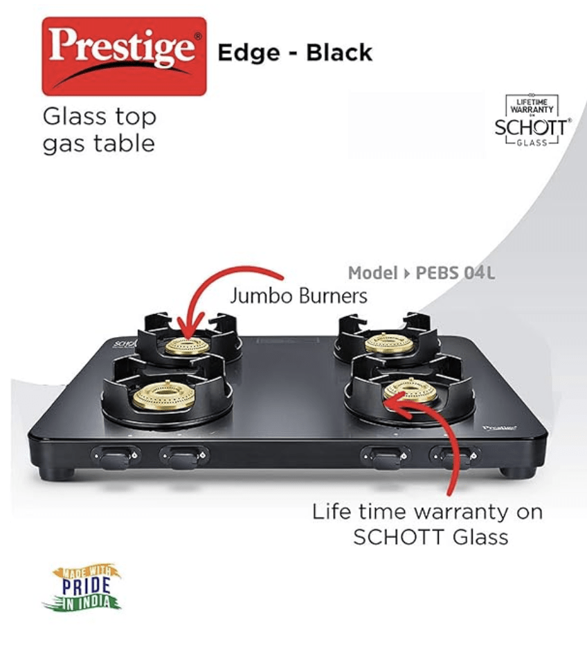Pebs 04 - Edge4 बर्नर गैस स्टोव ब्लैक S प्रेस्टीज 