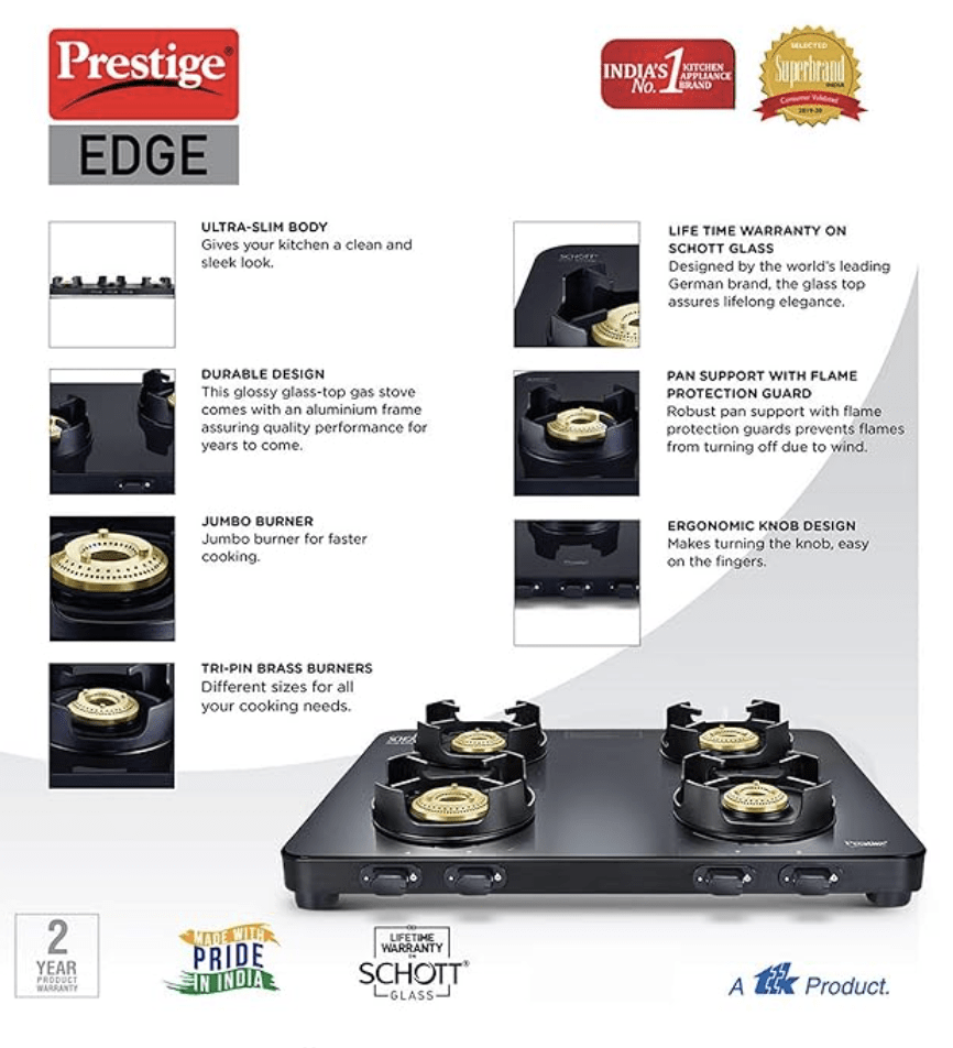 Pebs 04 - Edge4 Burner Gas Stove Black S Prestige