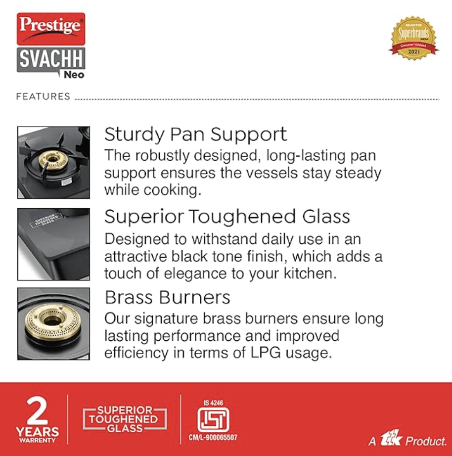 Prestige Svachh Neo Toughened Glasstop Liftable Burners Gas Stove (Black)