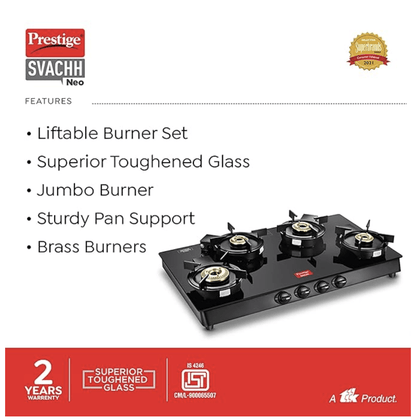 Prestige Svachh Neo Toughened Glasstop Liftable Burners Gas Stove (Black)