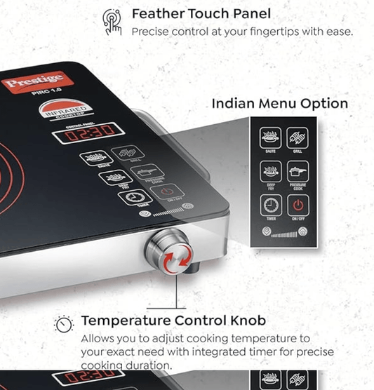 பிரெஸ்டீஜ் அகச்சிவப்பு குக்டாப் PIRC 1.0 | 2200W, துருப்பிடிக்காத எஃகு &amp; பீங்கான் | சரிசெய்யக்கூடிய வெப்பநிலை கட்டுப்பாடு | கூல் டச் ஹேண்டில் | 1-ஆண்டு உத்தரவாதம் | கருப்பு 