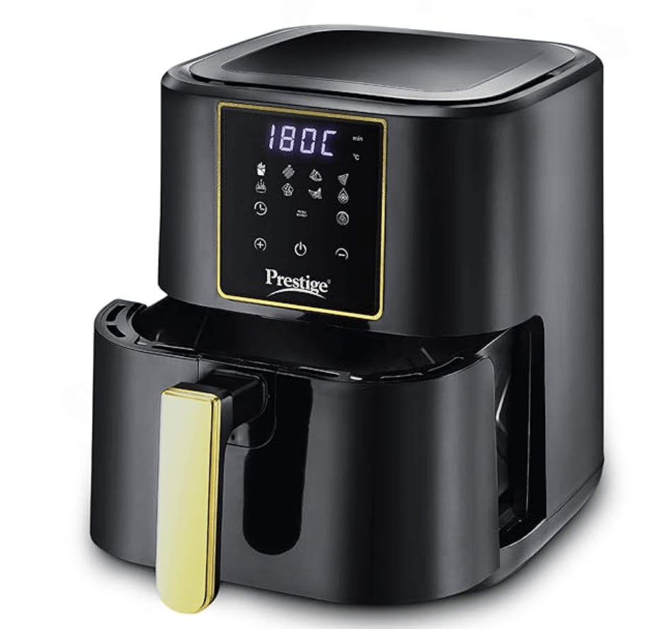 Prestige Nutrifry Electric Digital Air Fryer| 80% less Oil Consumption|4.5L Capacity |1200 Watts Power|Fry,Grill,Roast,Bake,Reheat|Digital Display with 8 Preset Menu|Easy to Clean Frying Basket|Black