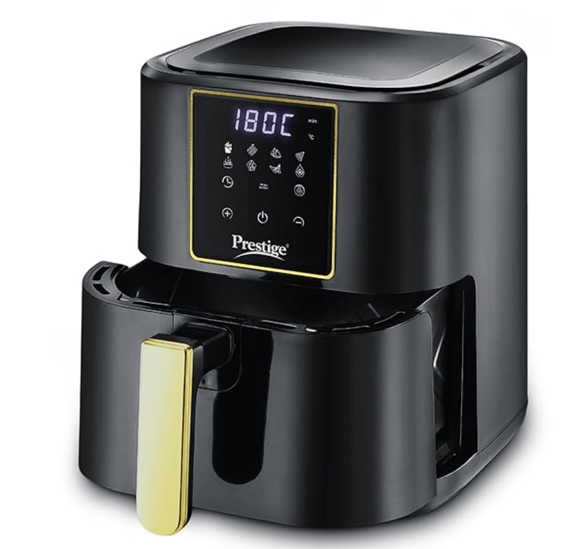 Prestige Nutrifry Electric Digital Air Fryer| 80% less Oil Consumption|4.5L Capacity |1200 Watts Power|Fry,Grill,Roast,Bake,Reheat|Digital Display with 8 Preset Menu|Easy to Clean Frying Basket|Black-1