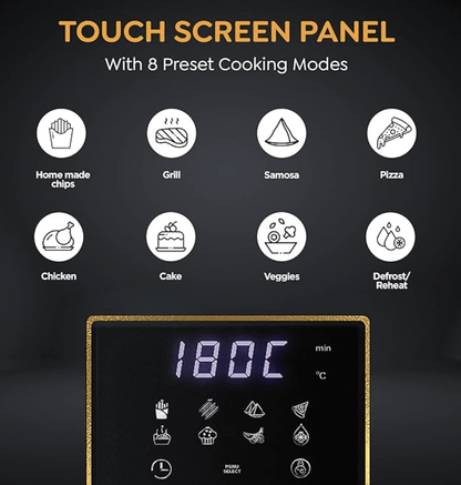 Prestige Nutrifry Electric Digital Air Fryer| 80% less Oil Consumption|4.5L Capacity |1200 Watts Power|Fry,Grill,Roast,Bake,Reheat|Digital Display with 8 Preset Menu|Easy to Clean Frying Basket|Black