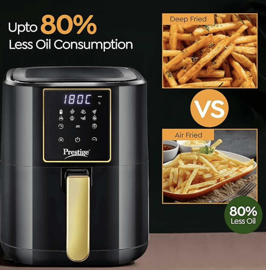 Prestige Nutrifry Electric Digital Air Fryer| 80% less Oil Consumption|4.5L Capacity |1200 Watts Power|Fry,Grill,Roast,Bake,Reheat|Digital Display with 8 Preset Menu|Easy to Clean Frying Basket|Black