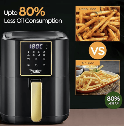 Prestige Nutrifry Electric Digital Air Fryer| 80% less Oil Consumption|4.5L Capacity |1200 Watts Power|Fry,Grill,Roast,Bake,Reheat|Digital Display with 8 Preset Menu|Easy to Clean Frying Basket|Black