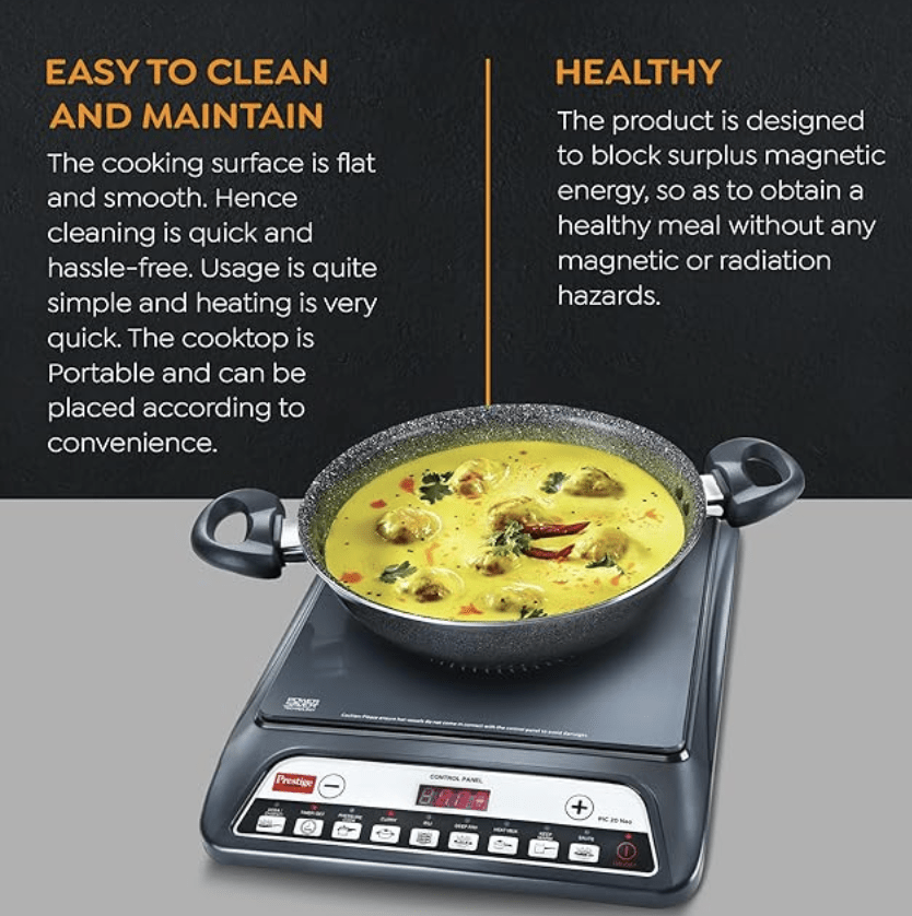 பிரெஸ்டீஜ் பிக் 20 நியோ இண்டக்ஷன் குக்டாப் 1600W | இந்திய மெனு விருப்பங்கள் | தானியங்கி மின்னழுத்த சீராக்கி | பயனர் முன்-செட், கையேடு, கருப்பு நிறத்துடன் கூடிய டைமர் 