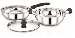 Sowbaghya Elite 3Pcs Stainless Steel Set | Induction Base | Cookware Set | SS deep kadai and Fry pan with Lid-1