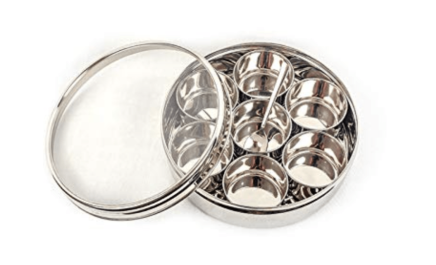 Sowbaghya Stainless Steel Masala (Spice) Box/Dabba/Organiser/Anjarai Petti with 7 Containers and Spoon (Medium | 19 cm dia) Stainless Steel Spice Box Masala Dabba for Kitchen Storage Organiser.