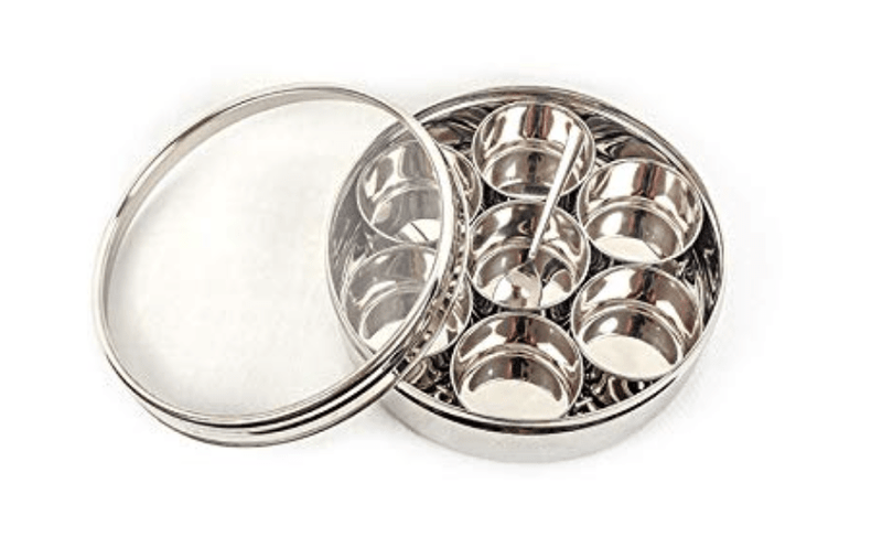 Sowbaghya Stainless Steel Masala (Spice) Box/Dabba/Organiser/Anjarai Petti with 7 Containers and Spoon (Medium | 19 cm dia) Stainless Steel Spice Box Masala Dabba for Kitchen Storage Organiser.-1