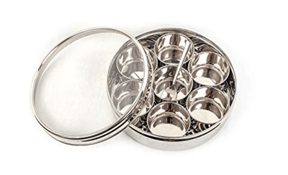 Sowbaghya Stainless Steel Masala (Spice) Box/ Dabba/ Organiser / Anjarai Petti with 7 Containers and Spoon (Small | 17 cm dia) | Stainless Steel Spice Box Masala Dabba Dani Anjarai Petti for Kitchen Storage Organiser.