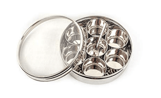 Sowbaghya Stainless Steel Masala (Spice) Box/ Dabba/ Organiser / Anjarai Petti with 7 Containers and Spoon (Small | 17 cm dia) | Stainless Steel Spice Box Masala Dabba Dani Anjarai Petti for Kitchen Storage Organiser.