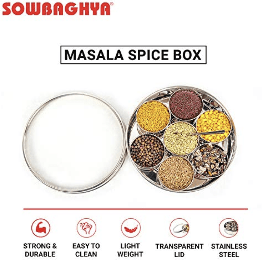 Sowbaghya Stainless Steel Masala (Spice) Box/Dabba/Organiser/Anjarai Petti with 7 Containers and Spoon (Medium | 19 cm dia) Stainless Steel Spice Box Masala Dabba for Kitchen Storage Organiser.
