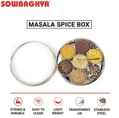 Sowbaghya Stainless Steel Masala (Spice) Box/ Dabba/ Organiser / Anjarai Petti with 7 Containers and Spoon (Small | 17 cm dia) | Stainless Steel Spice Box Masala Dabba Dani Anjarai Petti for Kitchen Storage Organiser.-2