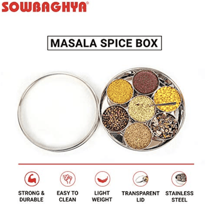 Sowbaghya Stainless Steel Masala (Spice) Box/ Dabba/ Organiser / Anjarai Petti with 7 Containers and Spoon (Standard | 20.5 cm dia) | Stainless Steel Spice Box Masala Dabba Dani Anjarai Petti for Kitchen Storage Organizer