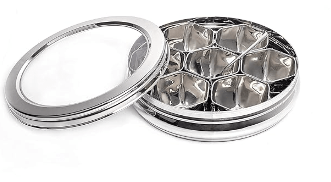 Sowbaghya Stainless Steel Masala (Spice/Dry Fruits) Box/ Dabba/ Organiser / Anjarai Petti with 7 Containers and Spoon - ELITE (22.5 cm) | Stainless Steel Spice Box Masala Dabba Dani Anjarai Petti for Kitchen Storage Organizer