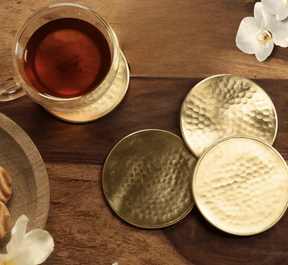 Brass Coasters - Set of 4- Matt Finish Hammered Table Coasters For Drinks | Kitchen Decor Items