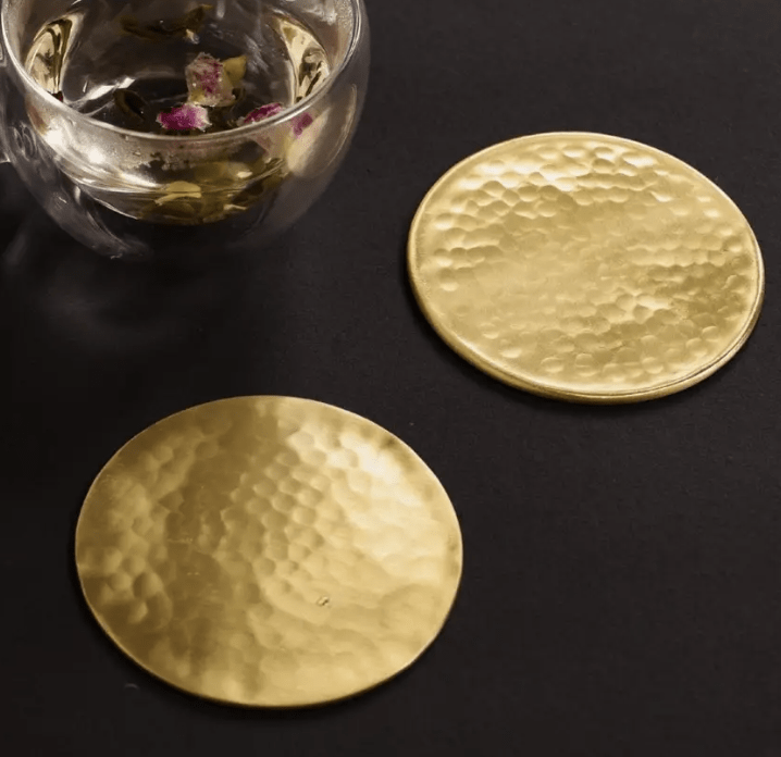 Brass Coasters - Set of 6 - Matt Finish Hammered Table Coasters For Drinks | Kitchen Decor Items