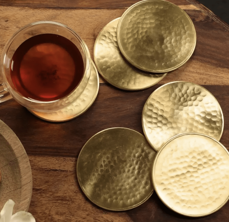 Brass Coasters - Set of 6 - Matt Finish Hammered Table Coasters For Drinks | Kitchen Decor Items